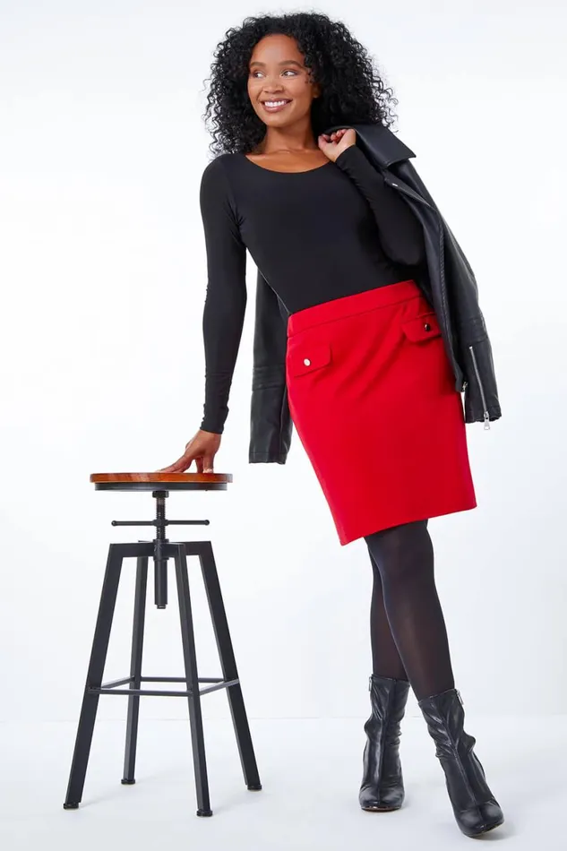 Women Red Petite Button Detail Pocket Skirt Roman Skirts