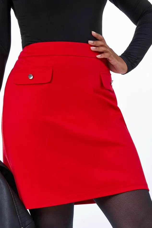 Women Red Petite Button Detail Pocket Skirt Roman Skirts