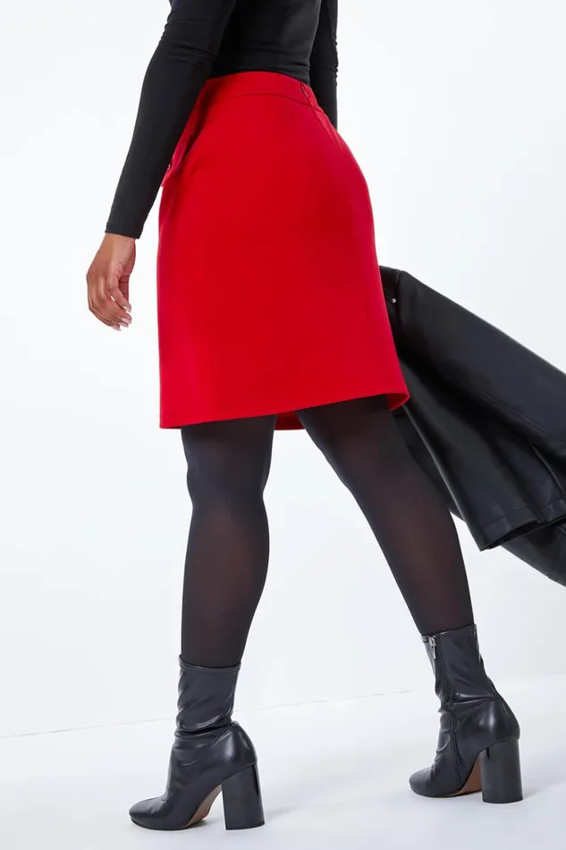 Women Red Petite Button Detail Pocket Skirt Roman Skirts