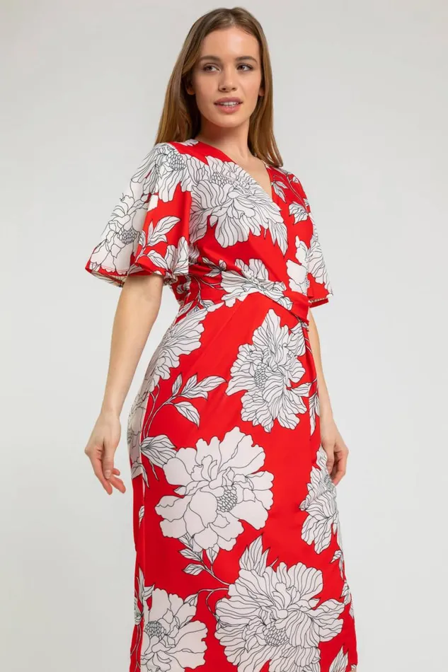 Women Red Petite Floral Ruched Wrap Dress Roman Dresses