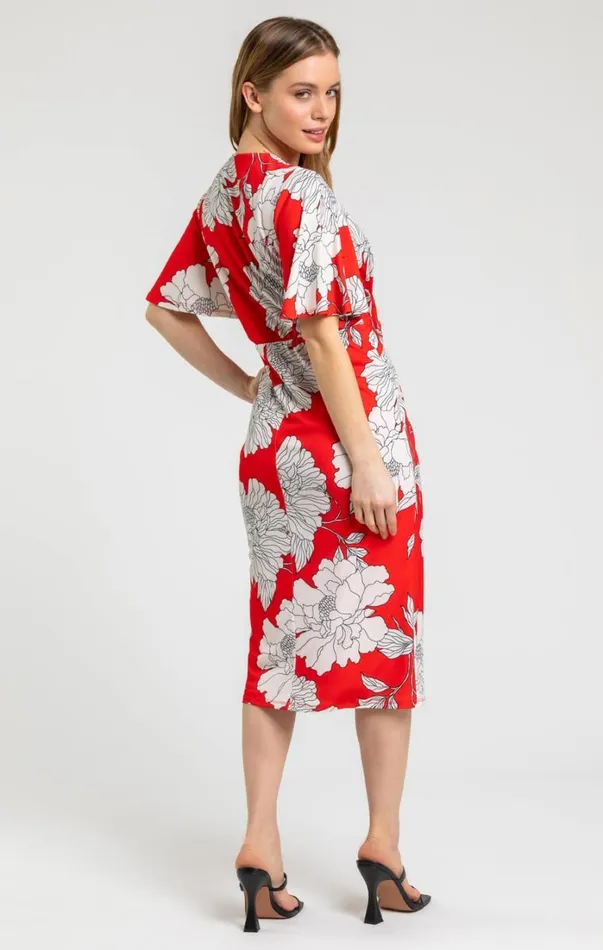 Women Red Petite Floral Ruched Wrap Dress Roman Dresses