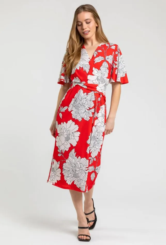 Women Red Petite Floral Ruched Wrap Dress Roman Dresses