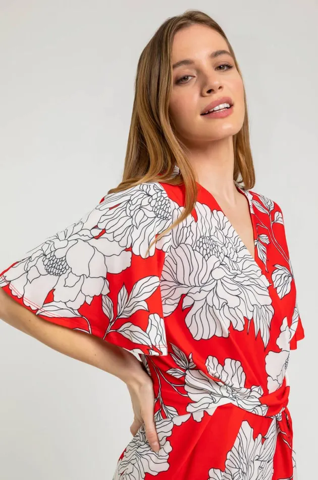 Women Red Petite Floral Ruched Wrap Dress Roman Dresses