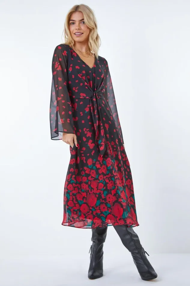 Women Red Rose Print Chiffon Midi Dress Roman Dresses