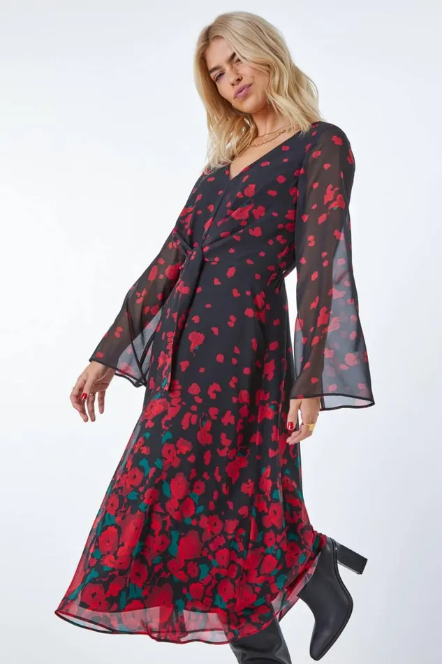 Women Red Rose Print Chiffon Midi Dress Roman Dresses