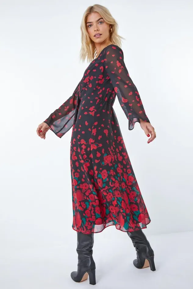 Women Red Rose Print Chiffon Midi Dress Roman Dresses