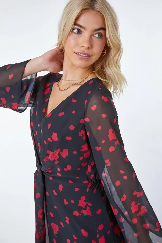 Women Red Rose Print Chiffon Midi Dress Roman Dresses