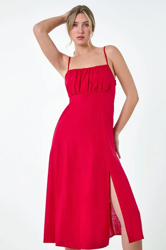 Women Red Ruched Linen Blend Midi Dress Roman Dresses