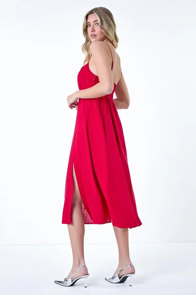 Women Red Ruched Linen Blend Midi Dress Roman Dresses