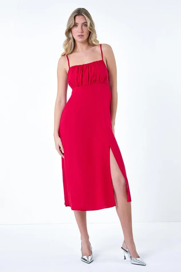 Women Red Ruched Linen Blend Midi Dress Roman Dresses
