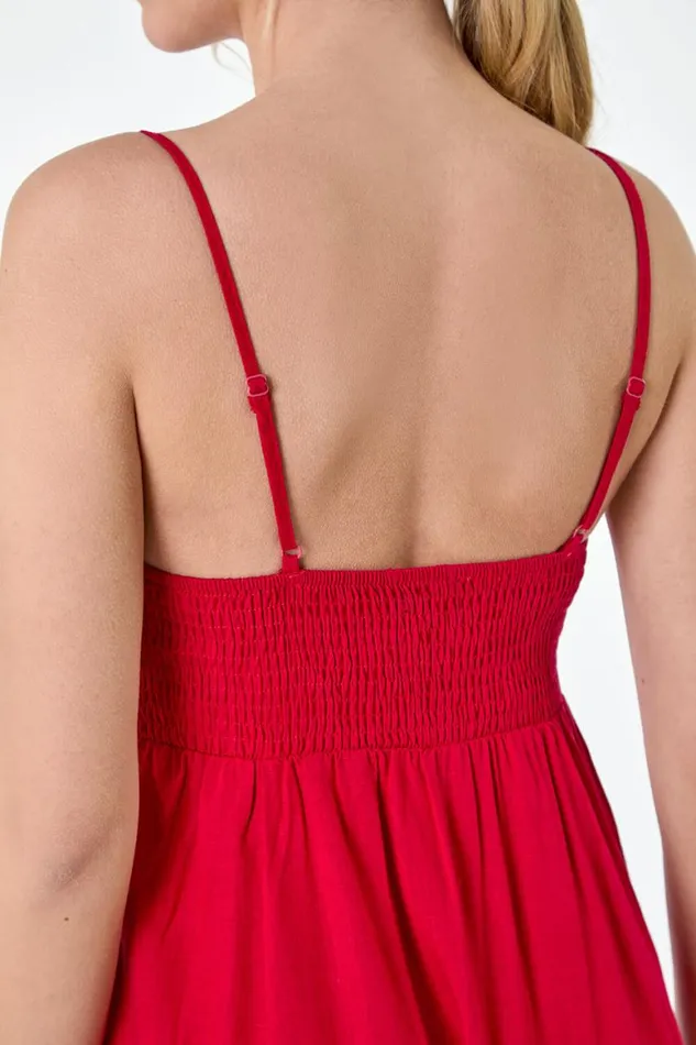 Women Red Ruched Linen Blend Midi Dress Roman Dresses