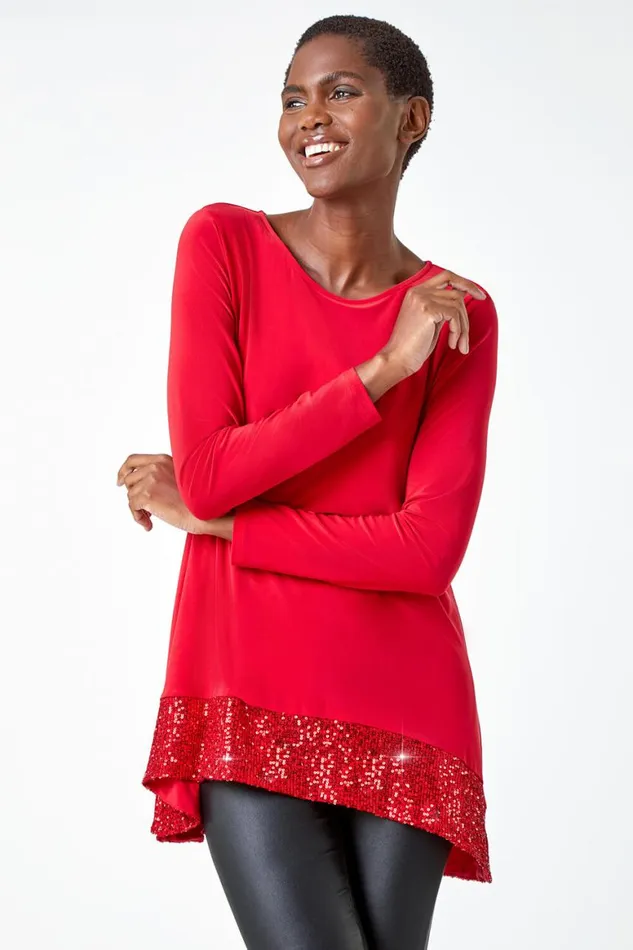 Women Red Sequin Hem Tunic Stretch Top Roman Tops