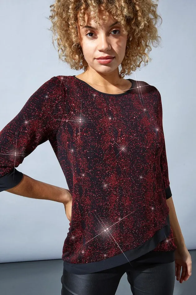 Women Red Shimmer Animal Print Asymmetric Top Roman Tops
