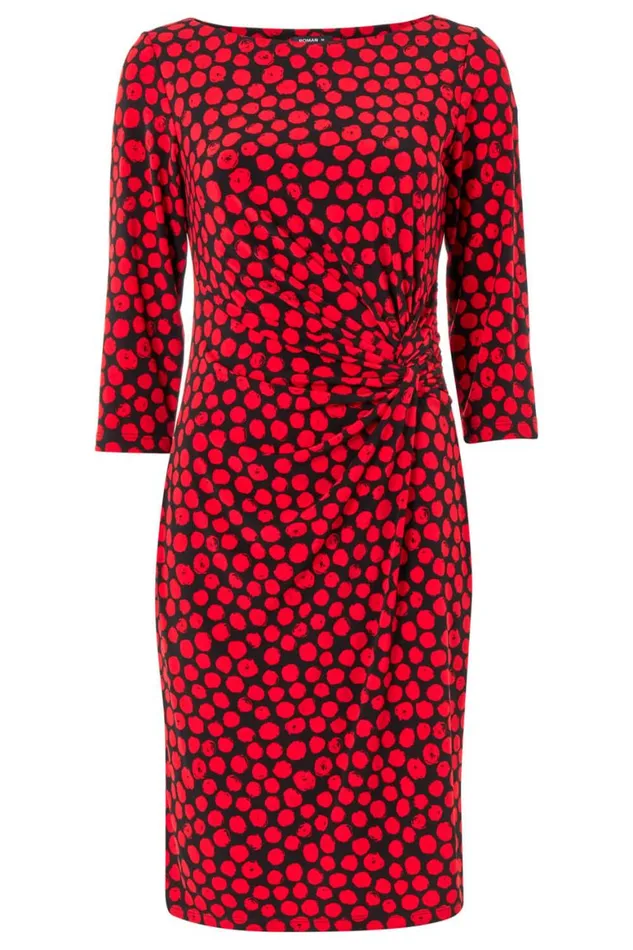 Women Red Spot Twist Waist Shift Dress Roman Dresses