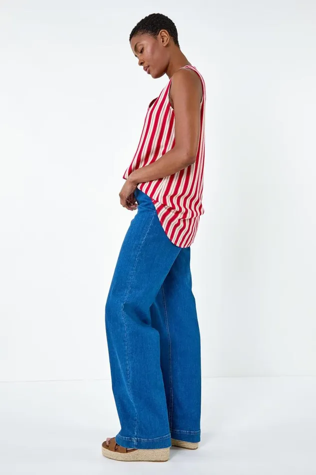 Women Red Stripe Print Button Detail Vest Top Roman Tops