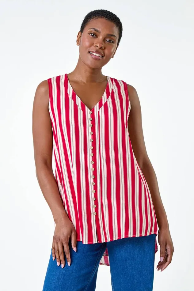 Women Red Stripe Print Button Detail Vest Top Roman Tops