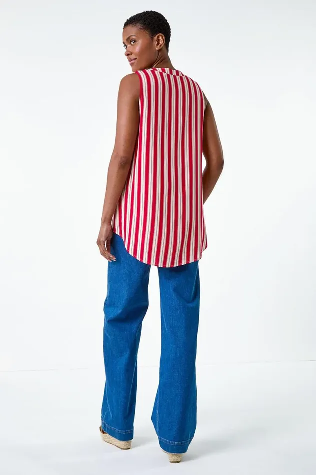 Women Red Stripe Print Button Detail Vest Top Roman Tops