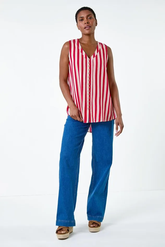 Women Red Stripe Print Button Detail Vest Top Roman Tops