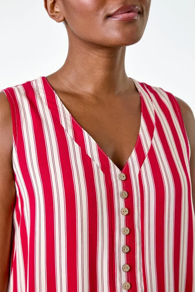 Women Red Stripe Print Button Detail Vest Top Roman Tops