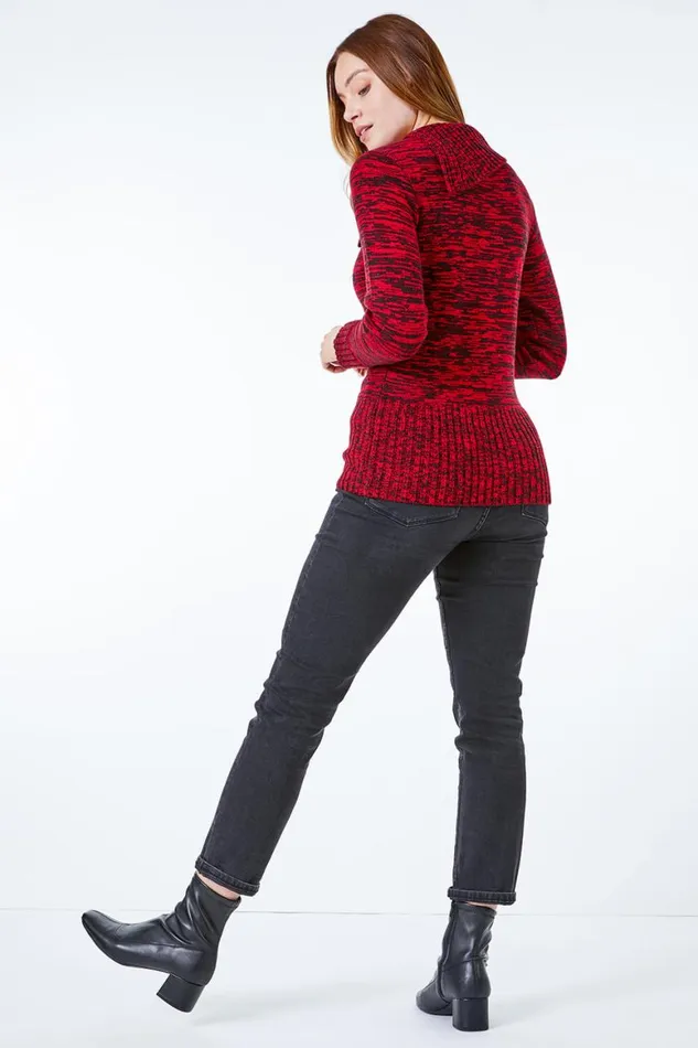 Women Red Textured Button Detail Jumper Roman Knitwear