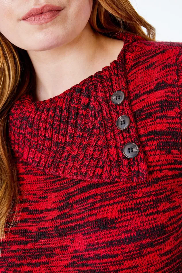 Women Red Textured Button Detail Jumper Roman Knitwear