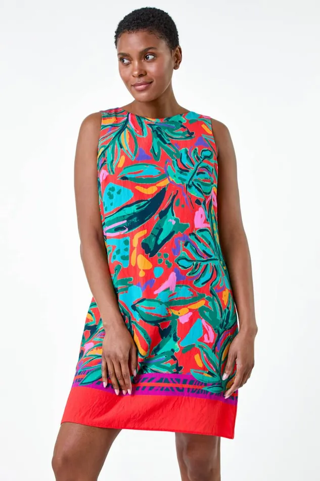 Women Red Tropical Border Tie Detail Shift Dress Roman Dresses