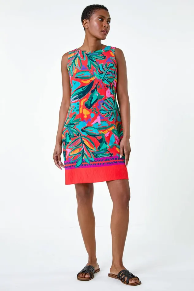 Women Red Tropical Border Tie Detail Shift Dress Roman Dresses