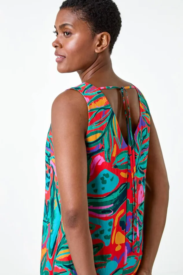 Women Red Tropical Border Tie Detail Shift Dress Roman Dresses