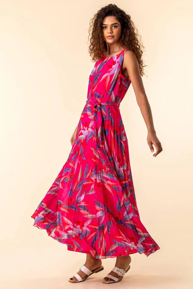 Women Red Tropical Print Pleated Maxi Dress Roman Dresses