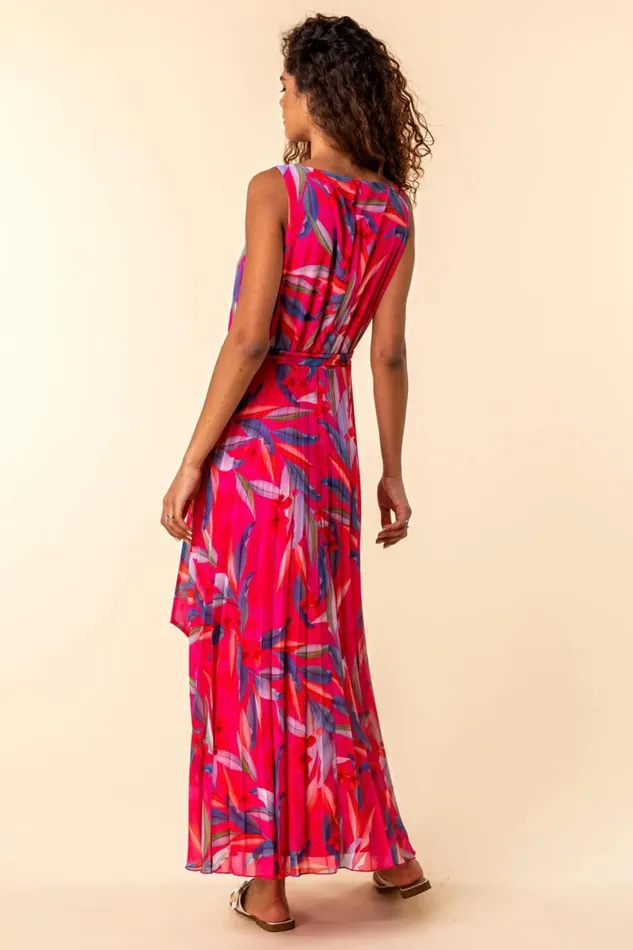 Women Red Tropical Print Pleated Maxi Dress Roman Dresses