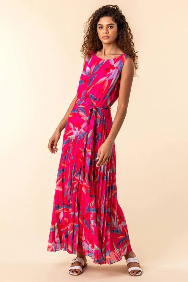 Women Red Tropical Print Pleated Maxi Dress Roman Dresses