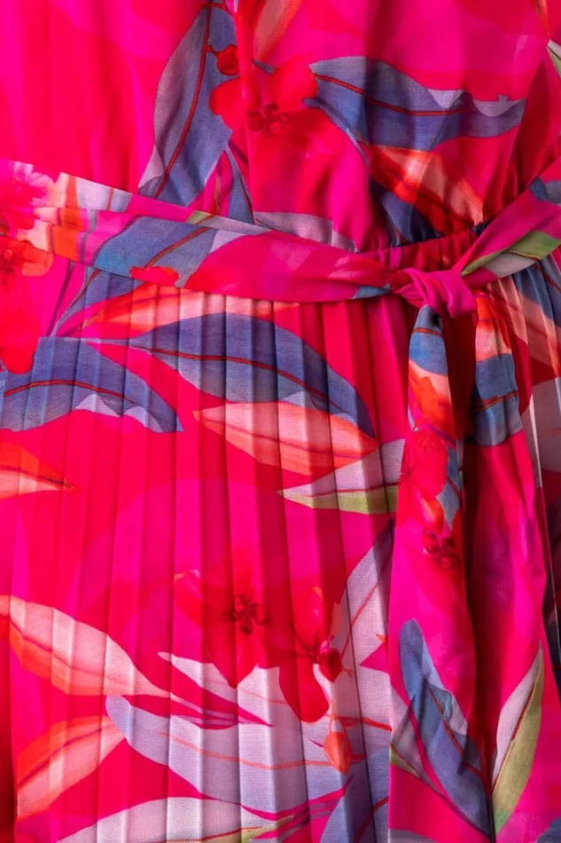 Women Red Tropical Print Pleated Maxi Dress Roman Dresses