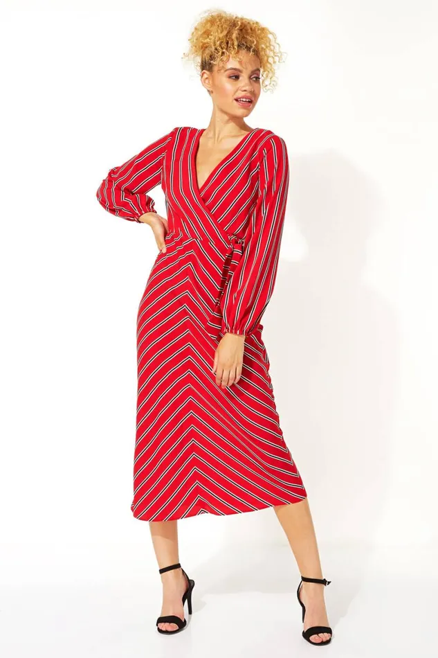 Women Red Wrap Stripe Midi Dress Roman Dresses