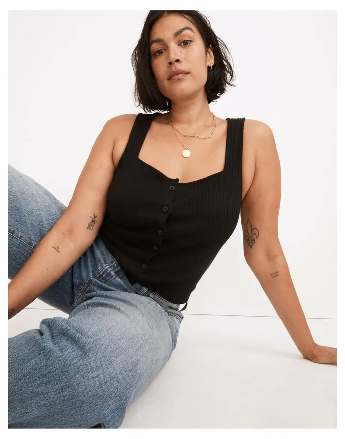 Women Ribbed Button Front Crop Tank True Black Madewell Tops and Shirts