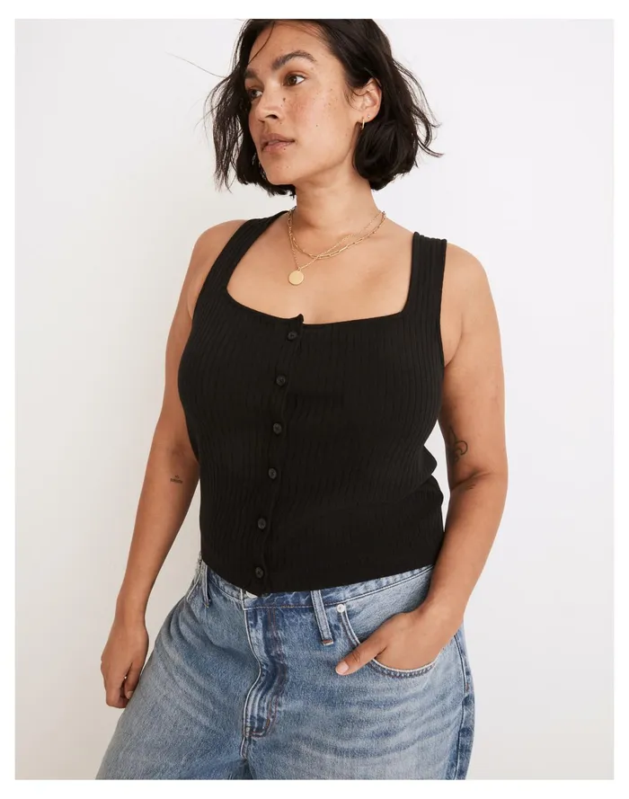 Women Ribbed Button Front Crop Tank True Black Madewell Tops and Shirts Women Ribbed Button Front Crop Tank True Black Madewell Tops and Shirts