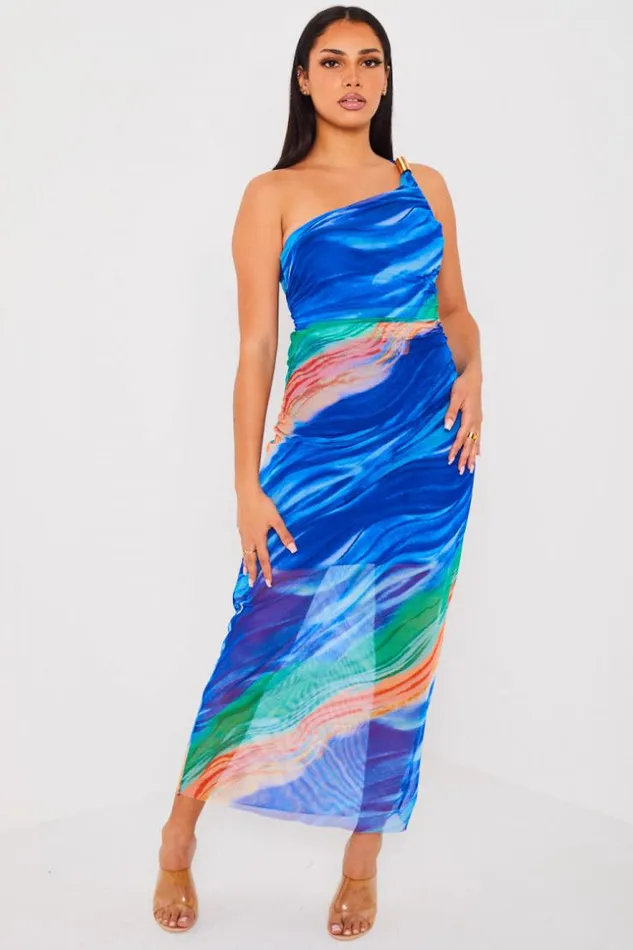 Women Robe Bleue One Shoulder En Voile Blue Brentiny Paris Short Dresses