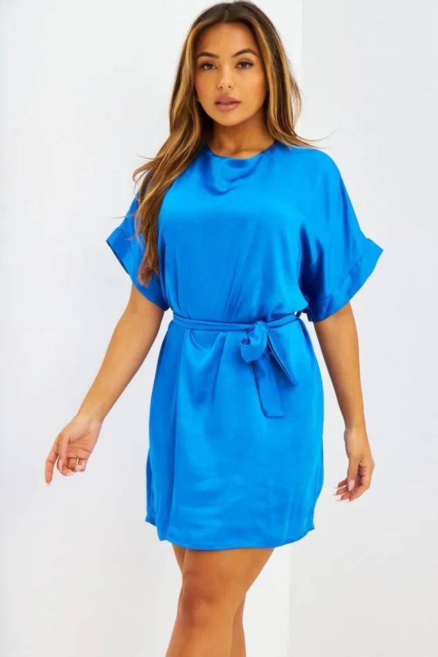 Women Robe MiLongue Satine Avec Ceinture Nouer Rose Blue Brentiny Paris Satin Dresses