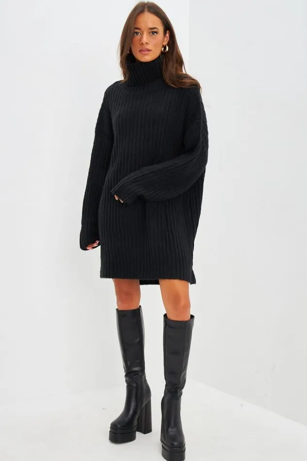 Women Robe Pull Courte En Maille Noire Col Roul Black Brentiny Paris Short Dresses
