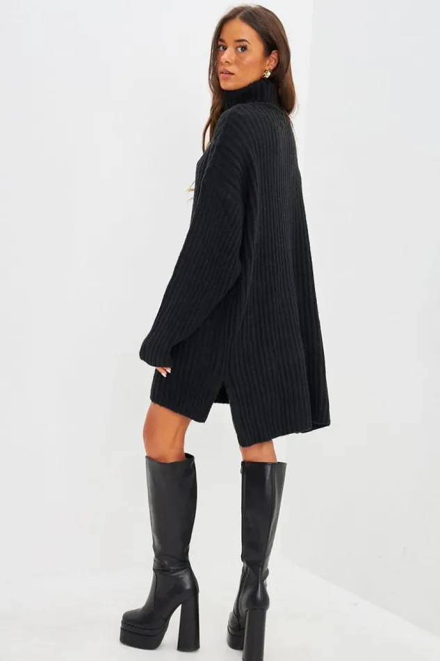 Women Robe Pull Courte En Maille Noire Col Roul Black Brentiny Paris Short Dresses