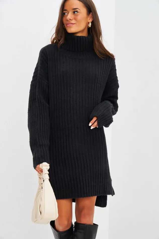 Women Robe Pull Courte En Maille Noire Col Roul Black Brentiny Paris Short Dresses