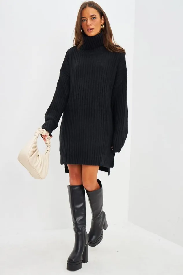 Women Robe Pull Courte En Maille Noire Col Roul Black Brentiny Paris Short Dresses