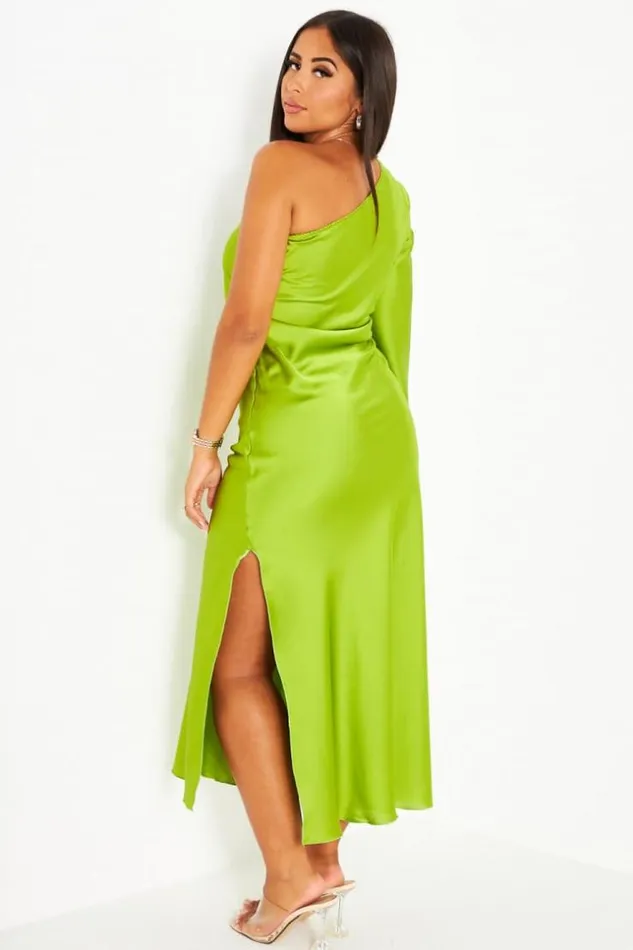 Women Robe Verte One Shoulder Satine Manche Volant Green Brentiny Paris Short Dresses Women Robe Verte One Shoulder Satine Manche Volant Green Brentiny Paris Short Dresses