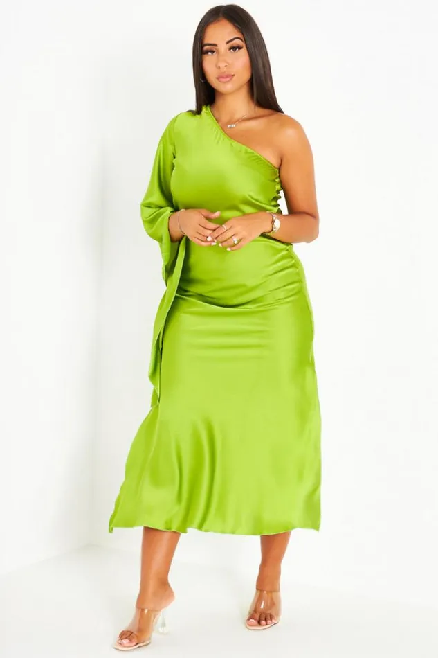 Women Robe Verte One Shoulder Satine Manche Volant Green Brentiny Paris Short Dresses Women Robe Verte One Shoulder Satine Manche Volant Green Brentiny Paris Short Dresses