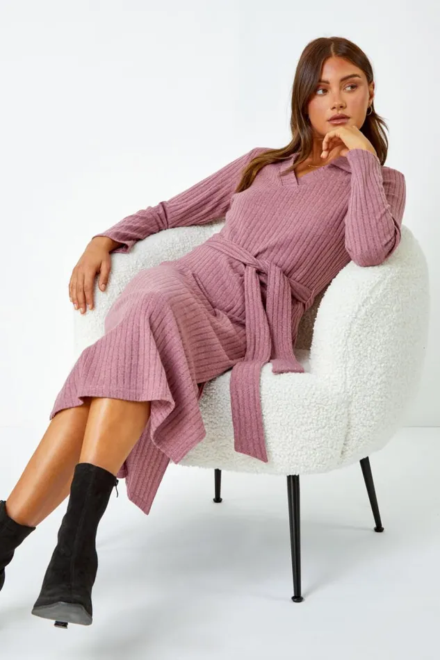 Women Rose Ribbed Midi Jumper Stretch Dress Roman Dresses