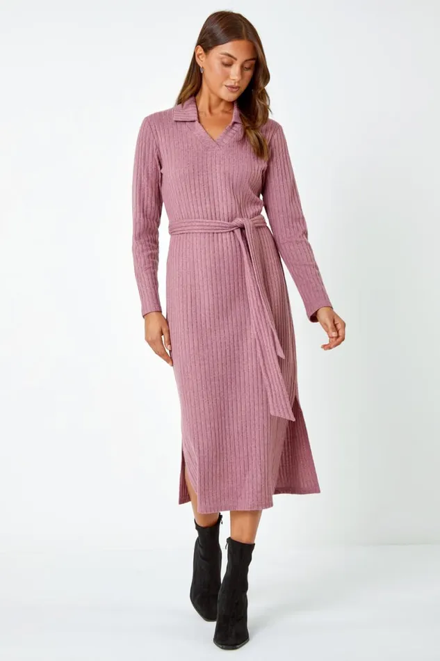 Women Rose Ribbed Midi Jumper Stretch Dress Roman Dresses