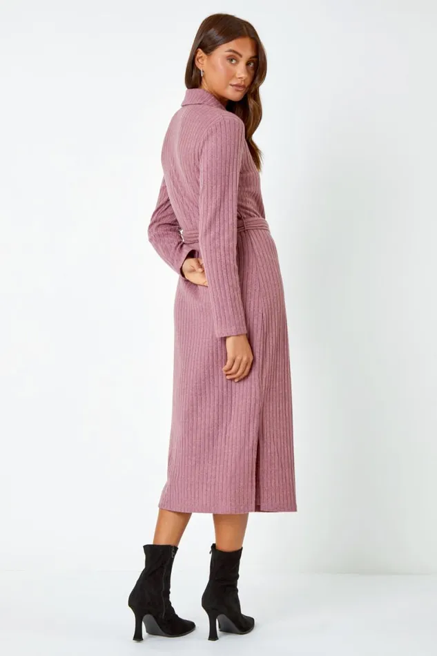 Women Rose Ribbed Midi Jumper Stretch Dress Roman Dresses