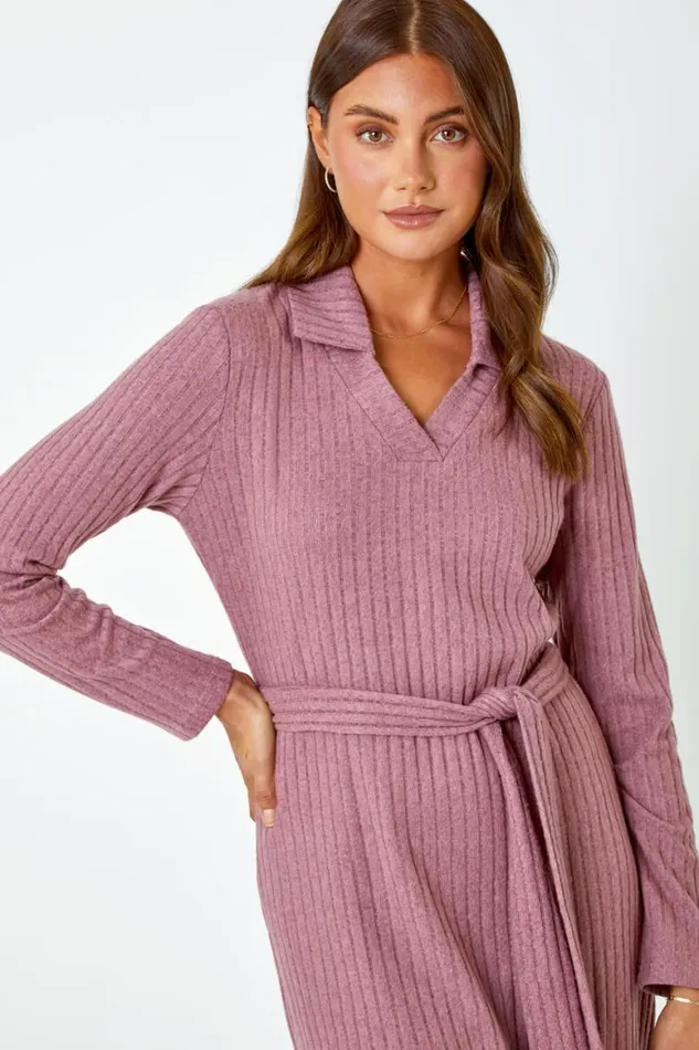 Women Rose Ribbed Midi Jumper Stretch Dress Roman Dresses