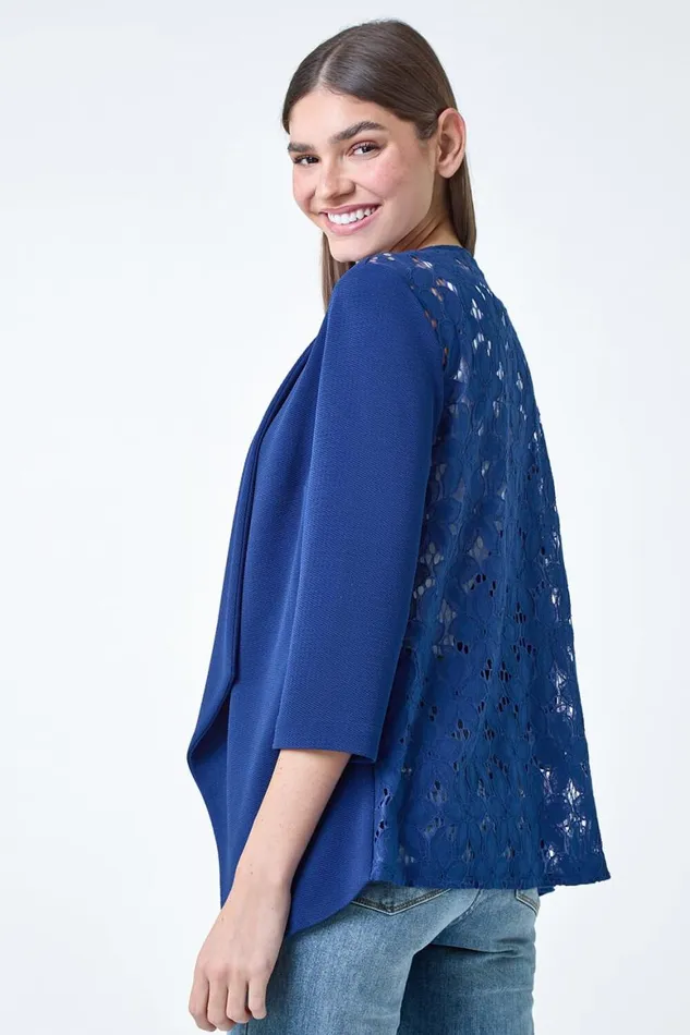 Women Royal Blue 34 Sleeve Lace Back Waterfall Jacket Roman Jackets