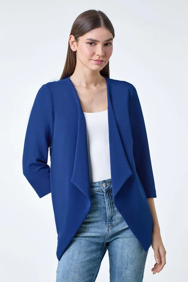Women Royal Blue 34 Sleeve Lace Back Waterfall Jacket Roman Jackets