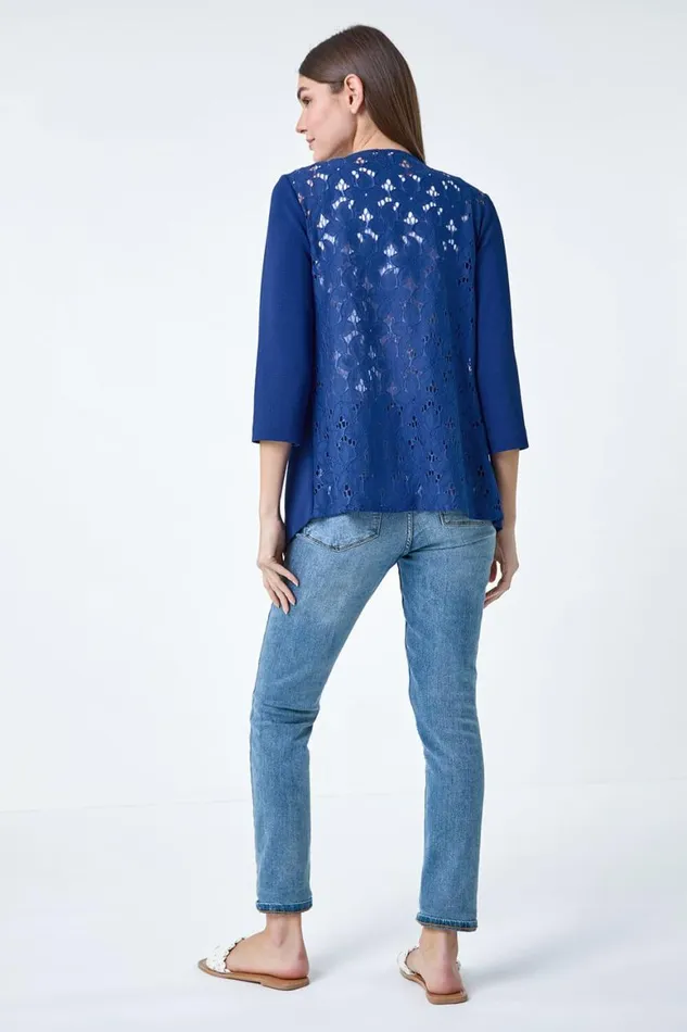 Women Royal Blue 34 Sleeve Lace Back Waterfall Jacket Roman Jackets